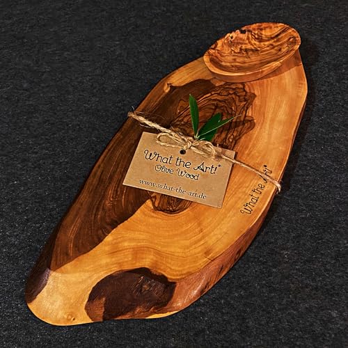 What the Art!® Olive Wood «Vesper» Gr. S | Olivenholz Schneidebrett + Dip-Schälchen | Handarbeit | ca. 25-26 x 11-13 x 2 cm | Käsebrett - Servierbrett - Brotzeitbrett - Vesperbrett von What the Art!