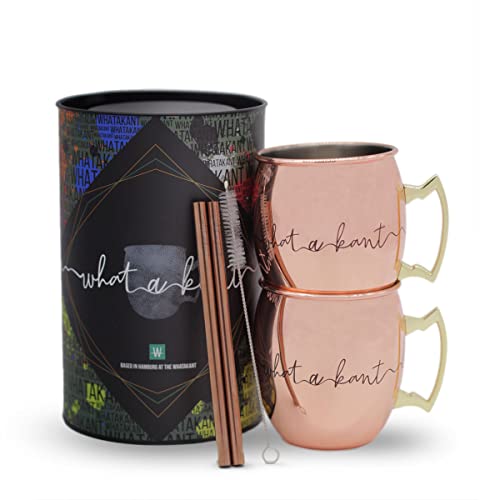 Whatakant - Moscow Mule Becher Set | 2er Großschot in Kupfer | 550 ml nachhaltige Kupferbecher und gerade Kupferstrohhalme in Geschenkverpackung | wiederverwendbares plastikfreies Bar Cocktail Set von Whatakant