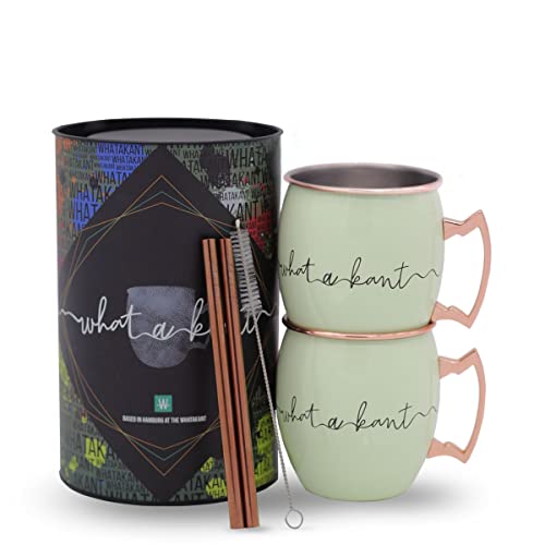 Whatakant - Moscow Mule Becher Set - 2er Großschot in Mintgrün - 550 ml nachhaltige Kupferbecher und gerade Kupferstrohhalme in Geschenkverpackung - wiederverwendbares plastikfreies Bar Cocktail Set von Whatakant