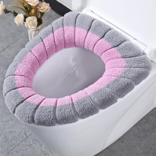 Dicker und wärmerer WC-Sitzbezug, passend für O/U/V-Form, leicht zu reinigen und zu pflegen (Rosa mit grauem A) von WheatThrive