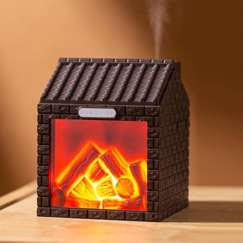 Tragbarer Luftbefeuchter aus simulierter Holzkohle, leiser Feuerhaus-Luftbefeuchter mit LED-Nachtlicht und Aromatherapie-Funktion für Zuhause (Beige) von WheatThrive