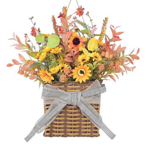 Whemyreat Herbstkranz für Haustür, Künstliche Herbstdeko Türkranz mit Sonnenblumen und Weizenähren,Wandkranz,Geschenk für Fall Decor Thanksgiving Halloween Kranz,für Heimdekoration von Whemyreat