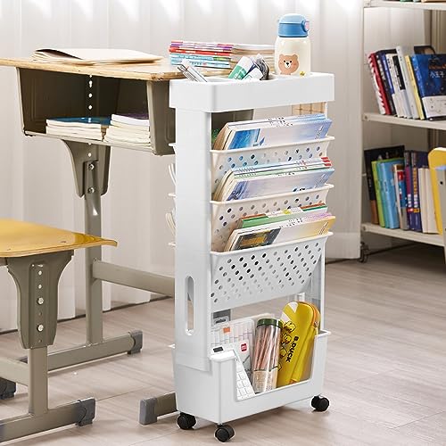 Whemyreat Mobiler Bücherregalwagen,5 Stufiger Beweglicher Bücherregalwagen mit Rädern,Bücherregale zur Organisation von Gebrauchsdokumenten für Kinder,Kinder,Studenten,Bücherregal am Schreibtisch von Whemyreat