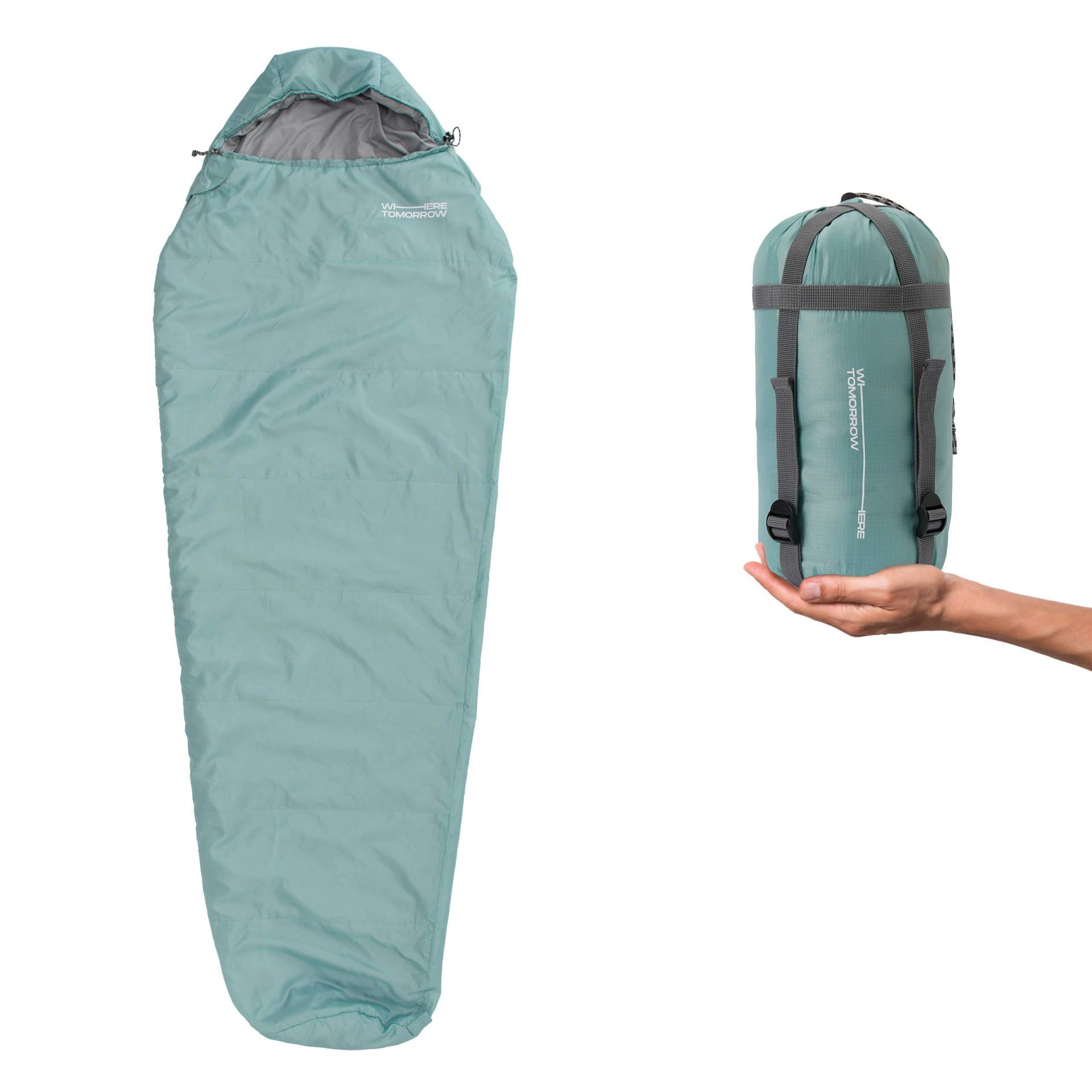 Camping Schlafsack Small & Light - Mumienschlafsack mit Tasche - 220 x 80 x 50 cm - Hellblau von Where Tomorrow