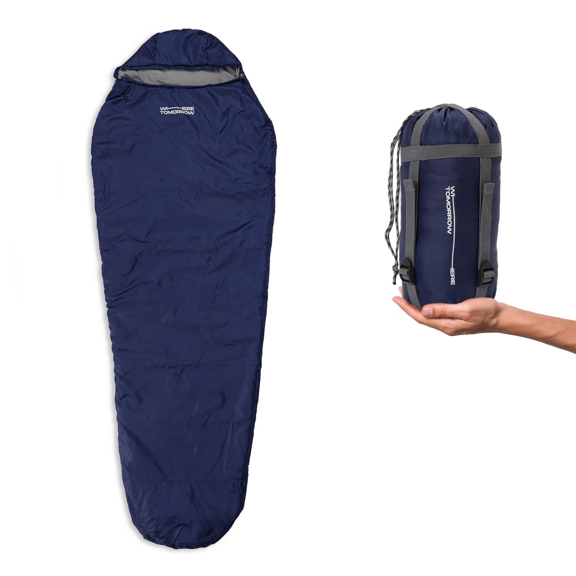 Camping Schlafsack Small & Light - Mumienschlafsack mit Tasche - 220 x 80 x 50 cm - Navyblau von Where Tomorrow