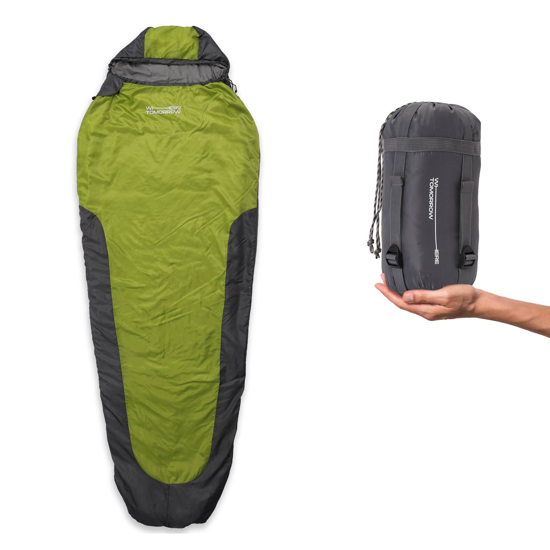 Camping Schlafsack Small & Light - Mumienschlafsack mit Tasche - 220 x 80 x 50 cm - Olivgrün-Grau von Where Tomorrow