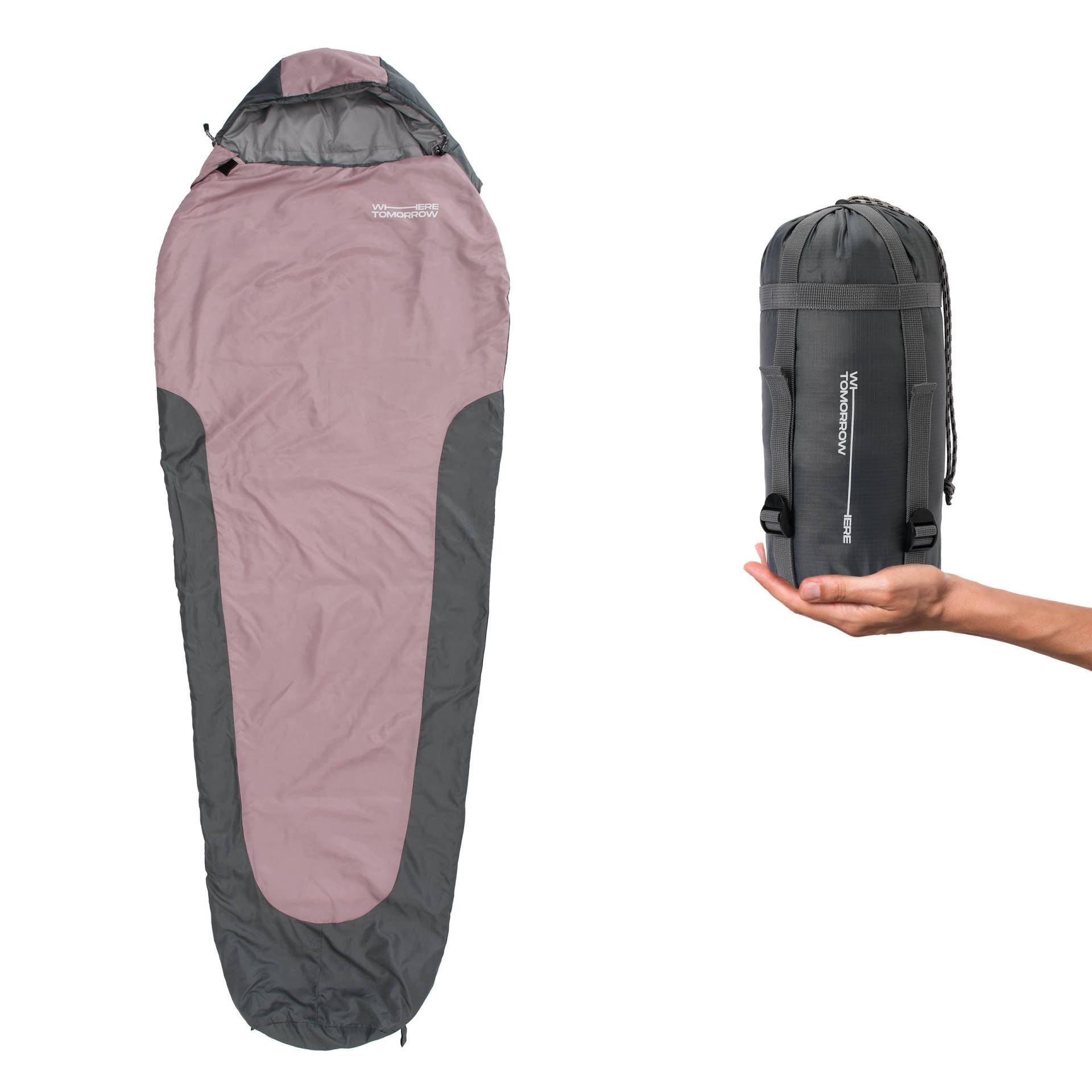 Camping Schlafsack Small & Light - Mumienschlafsack mit Tasche - 220 x 80 x 50 cm - Rose-Grau von Where Tomorrow