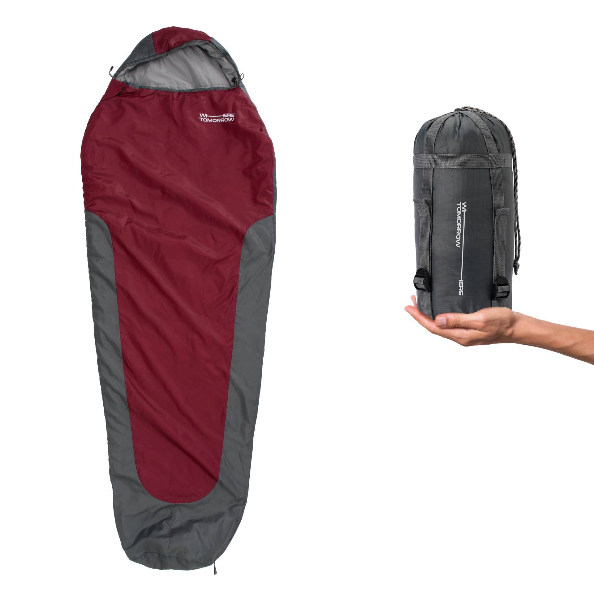 Camping Schlafsack Small & Light - Mumienschlafsack mit Tasche - 220 x 80 x 50 cm - Rot-Grau von Where Tomorrow