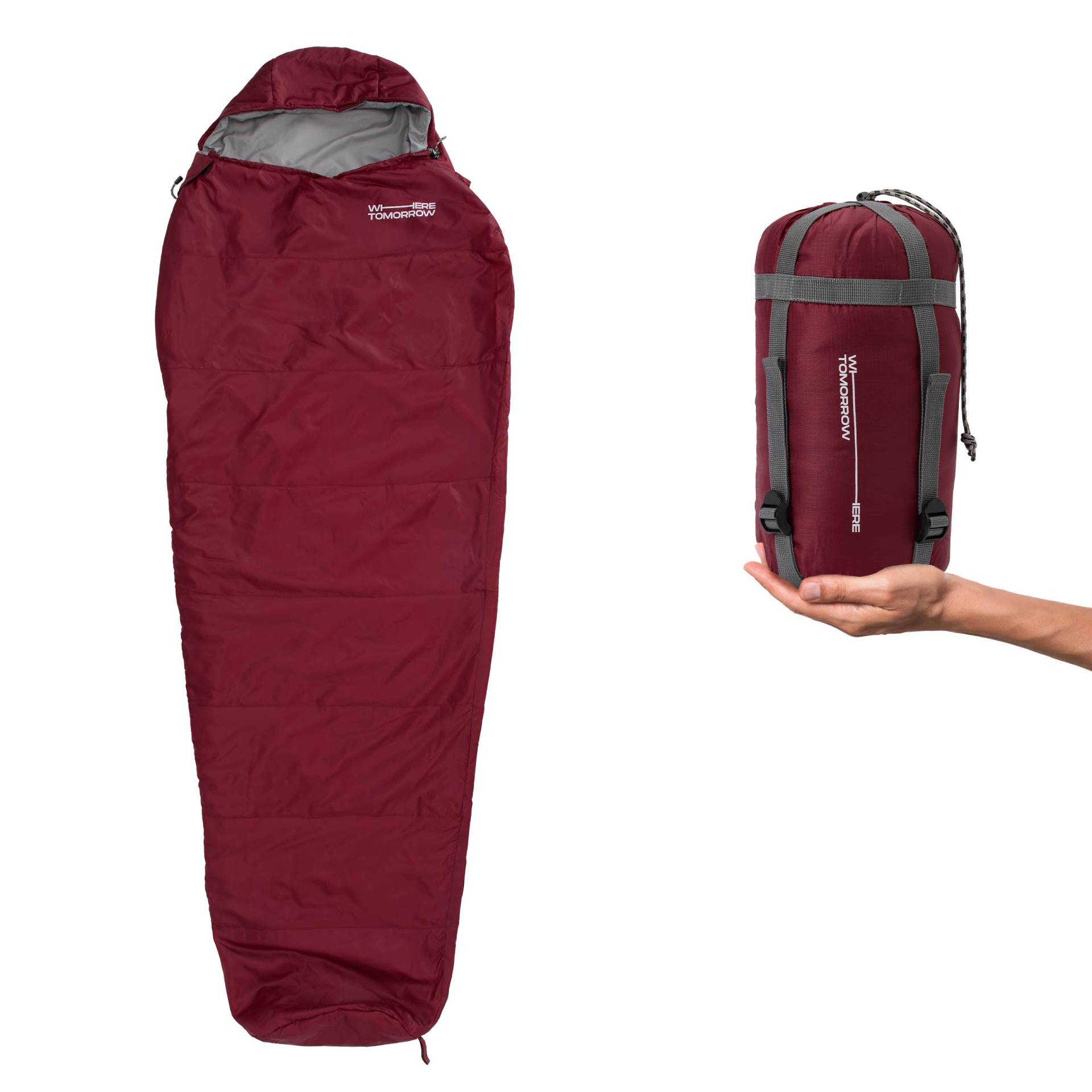 Camping Schlafsack Small & Light - Mumienschlafsack mit Tasche - 220 x 80 x 50 cm - Rot von Where Tomorrow