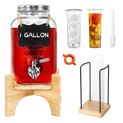 Glass Drink Dispenser with Stand, 1 Gallon Beverage Dispenser for Parties with Cup Holder, Includes Ice & Fruit Infuser, 18/8 Stainless Steel Spigot von Whimsii