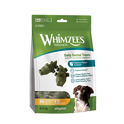 WHIMZEES by Wellness Krokodil, Kaustangen für mittelgroße Hunde, Hundesnack zur Zahnpflege, Größe M, 12 Stück, ohne Zuckerzusatz, getreidefrei, natürlich, fettarm von WHIMZEES