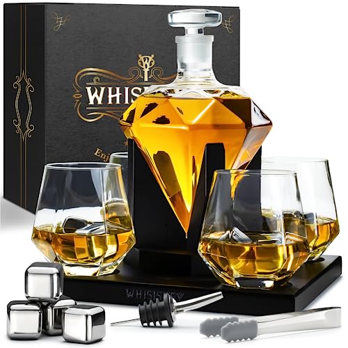 Whisiskey - Whisky Karaffe - Diamant - Dekanter - Whiskey Set - 1000ml - Geschenke für Männer - Männergeschenke - Inkl. 4 Whisky Steine, Ausgießer & 4 Whisky Gläser von Whisiskey