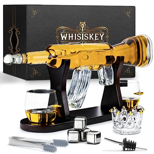 Whisiskey - Whiskey Karaffe - Gewehr - Dekanter - Whisky Karaffe Set - 1000 ml - Geschenke für Männer - Männergeschenke - Inkl. 2 Whisky Gläser, 4 Whisky-Steine und Tülle von Whisiskey