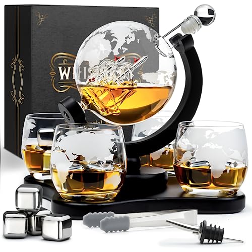 WHISISKEY Whiskey Karaffe Set - Whiskey Geschenkset - Geschenke für Männer - Männergeschenke Geschenk - Geburtstagsgeschenk Mann - Globus Dekanter 900ML, Geschenkbox, 4 Whisky Gläser, 4 Whisky Steine von Whisiskey