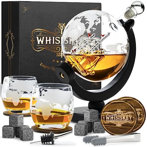 Whisiskey Whisky Karaffe Set - Whiskey Geschenkset - Geschenke für Männer - Männergeschenke Geschenk - Geburtstagsgeschenk Mann - Globus Dekanter 900ML, Geschenkbox, 2 Gläser, 8 Whisky Steine von Whisiskey