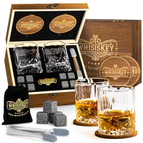 Whisiskey - Whisky Gläser Set - Whiskey Zubehör Set - 8 Whisky Steine - Whiskygläser - Geschenke für Männer – Männergeschenke - 2 Gläser, Zange & 2 Untersetzer einbegriffen von Whisiskey