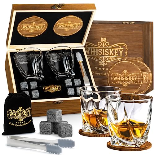 Whisiskey - Whisky Gläser Set - Whisky Zubehör Set - 8 Whiskey Steine & 2 Twisted Whisky Gläser & 2 Untersetzer – Whiskygläser - Eiswürfel Wiederverwendbar - Geschenke für Männer von Whisiskey