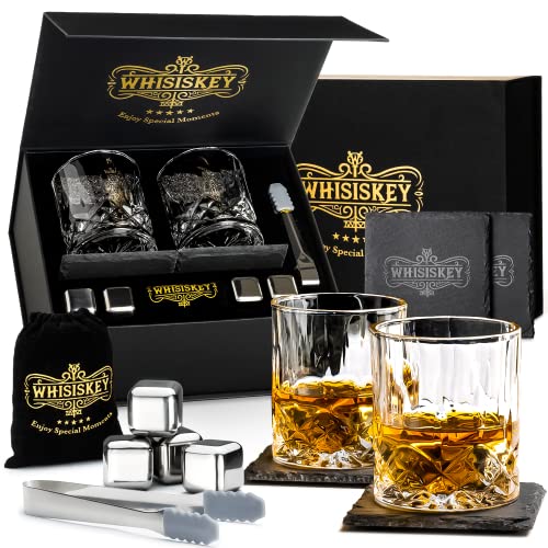 Whisiskey - Whisky Gläser Set - Whisky Zubehör Set - 4 Whiskey Steine & 2 Whisky Gläser & 2 Untersetzer – Whiskygläser - Eiswürfel Wiederverwendbar - Geschenke für Männer von Whisiskey