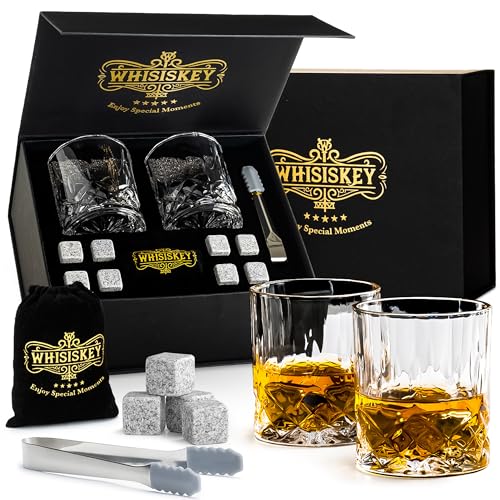 Whisiskey - Whisky Gläser Set - Whisky Zubehör Set - 8 Whiskey Steine & 2 Whisky Gläser & 2 Untersetzer – Whiskygläser - Eiswürfel Wiederverwendbar - Geschenke für Männer von Whisiskey