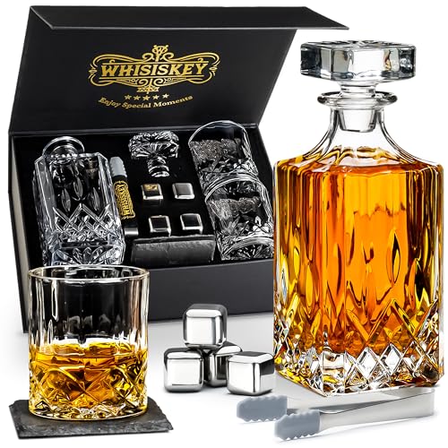 Whisiskey - Whisky Karaffe – Classic - Dekanter Set - Whiskey Set - 800ML - Geschenke für Männer - Männergeschenke - Inkl. 4 Whisky Steine, Zange & 2 Whisky Gläser von Whisiskey