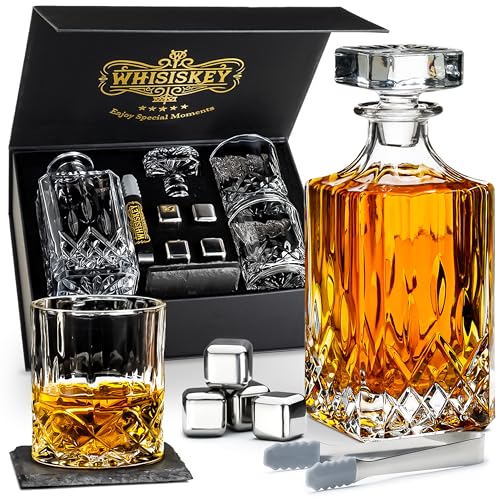 WHISISKEY Whiskey Karaffe Set - Whiskey Geschenkset - Geschenke für Männer - Männergeschenke Geschenk - Geburtstagsgeschenk Mann - Klassische Dekanter 700ML, 2 Whisky Gläser, 4 Whisky Steine von Whisiskey