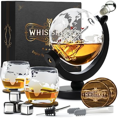 Whisiskey - Whisky Karaffe - Globus - Dekanter - Whiskey Set - 900ML - Geschenke für Männer - Männergeschenke - Inkl. 4 Whisky Steine, Ausgießer, Tülle & 2 Whisky Gläser von Whisiskey