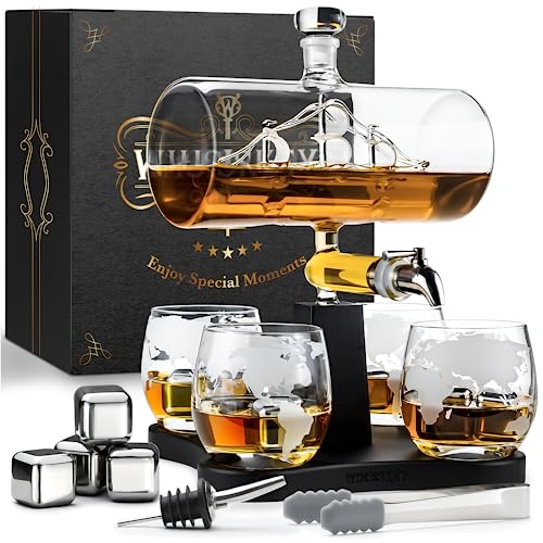 Whisiskey - Whisky Karaffe - Segelschiff - Dekanter - Whiskey Set - 1L - Geschenke für Männer - Männergeschenke - Inkl. 4 Whisky Steine, Ausgießer, Zapfhahn & 4 Whisky Gläser von Whisiskey