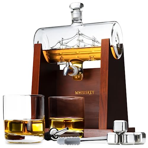 Whisiskey - Whisky Karaffe - 1000 ml - Geschenkset Herren - Luxuriöses Whiskey Set - Geschenk zum Vatertag - mit 4 Whiskysteinen, Ausgießer, Zapfhahn und 2 Whiskygläsern -1L von Whisiskey