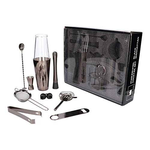 Whiskey Rocks 11-er Cocktail Shaker Set in Box - Cocktail & Bar Zubehör - Boston Shaker - Barkeeper Set - Bar Set - Cocktail Messbecher & Stößel - Barlöffel - Edelstahl - Schwarz von Whiskey Rocks