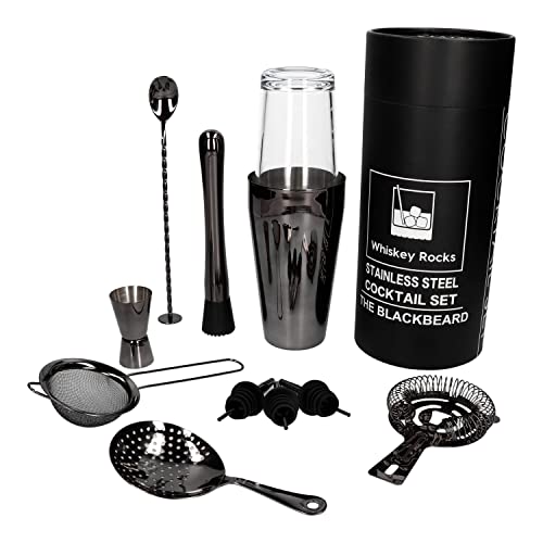 Whiskey Rocks 11-er Cocktail Shaker Set in Röhre - Cocktail & Bar Zubehör - Boston Shaker - Barkeeper Set - Bar Set - Cocktail Messbecher & Stößel - Barlöffel - Edelstahl - Schwarz von Whiskey Rocks