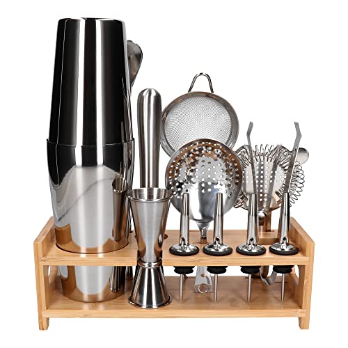 Whiskey Rocks 14-er Cocktail Shaker Set mit Bambusständer - Cocktail & Bar Zubehör - Boston Shaker 750 ml - Barkeeper Set - Bar Set - Cocktail Messbecher & Stößel - Barlöffel - Edelstahl - Silber von Whiskey Rocks