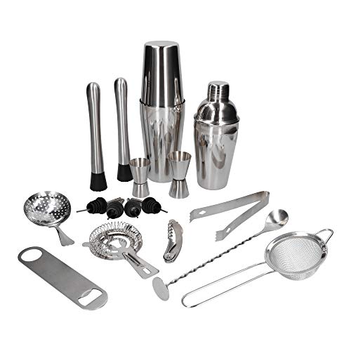 Whiskey Rocks 18-er Cocktail Shaker Set - Cocktail & Bar Zubehör - Boston Shaker 750 ml - Barkeeper Set - Bar Set - Cocktail Messbecher & Stößel - Barlöffel - Edelstahl - Silber von Whiskey Rocks