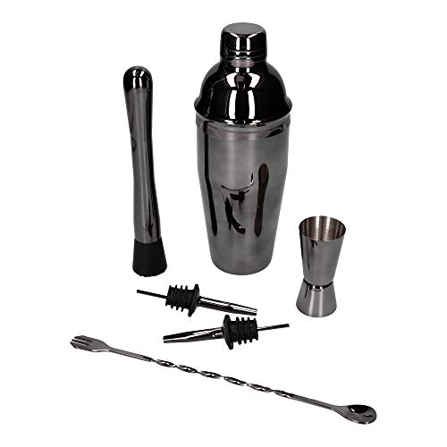Whiskey Rocks 6-er Cocktail Shaker Set - Cocktail & Bar Zubehör - Paris Shaker 750 ml - Barkeeper Set - Bar Set - Cocktail Messbecher & Stößel - Barlöffel - Edelstahl - Glänzend Schwarz von Whiskey Rocks