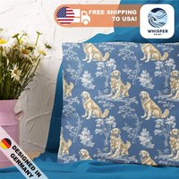 Whisperprint® French Toile Blue Yellow Golden Retriever Dog Style Print - Cottagecore/Farmcore Spun Polyester Square Pillowcase Cover von WhisperPrintStore