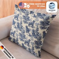 Whisperprint® French Toile Royal Blue Newfoundland Dog Style Print - Cottagecore Spun Polyester Square Pillowcase/Cover von WhisperPrintStore