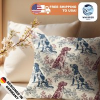 Whisperprint® French Toile Wine Red Light Dark Blue English Setter Dog Style Print - Cottagecore Spun Polyester Square Pillowcase/Cover von WhisperPrintStore