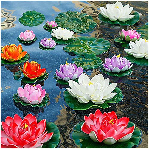 WhistenFla Künstliche Lilien-Pads für Teich, 27,9 cm und 15,2 cm, künstliche Blumen, schwimmende Schaumstoff-Lotusblume mit künstlichen Lilien-Pads, für Pool, Garten, Koi, Fische, Teich, Aquarium, von WhistenFla