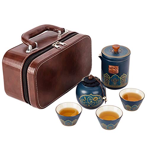 Tragbares Reise-Tee-Set mit Koffer, Mini-Porzellan-Teekanne, 3 Teetassen und 1 Teedose, chinesisches Kung-Fu-Teeservice für Erwachsene Outdoor-Picknick von Whitejianpeak