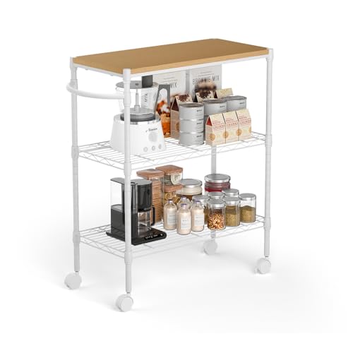 Whitmor Rollwagen mit 3 Etagen, 70 x 25 x 55 cm, robuster Metall-Aufbewahrungswagen mit Rollen, verstellbare Regale, abschließbarer Allzweckwagen mit Holzplatte und tragbarem Griff für den Innen- und von Whitmor