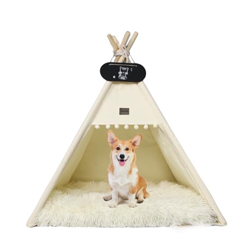 Whiwhi Tipi Zelt für Haustiere+Plüsch Hundedecke Wasserdicht Hundezelt Katzenzelt Haustierzelte Häuser mit Hundebett Haustier Zelt Möbel Abnehmbar 50x50x60cm von Whiwhi