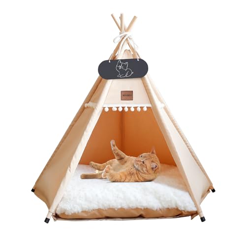 Whiwhi Tipi Zelt für Haustiere Hundezelt Katzenzelt mit Kissen Waschbar Haustierzelte Häuser Hundehöhle und Haustierhäuser Wegklappen Haustier Zelt Möbel 50x50x60cm von Whiwhi