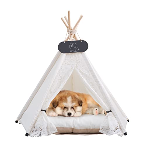 Whiwhi Tipi Zelt für Haustiere Hundezelt Katzenzelt mit Kissen Waschbar Haustierzelte Häuser Hundehöhle und Haustierhäuser Wegklappen Haustier Zelt Möbel 60x60x70cm von Whiwhi