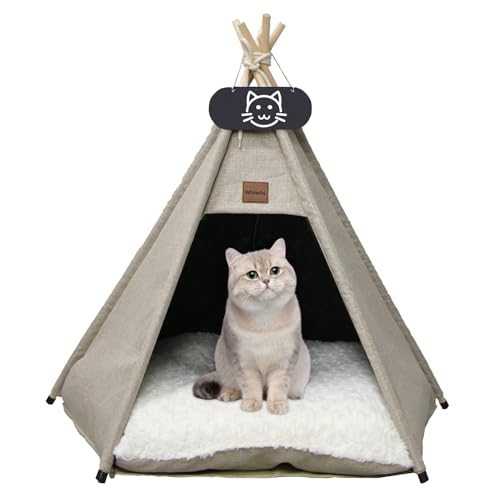 Whiwhi Tipi Zelt für Haustiere Hundezelt Katzenzelt mit Kissen Waschbar Haustierzelte Häuser Hundehöhle und Haustierhäuser Wegklappen Haustier Zelt Möbel 60x60x70cm von Whiwhi