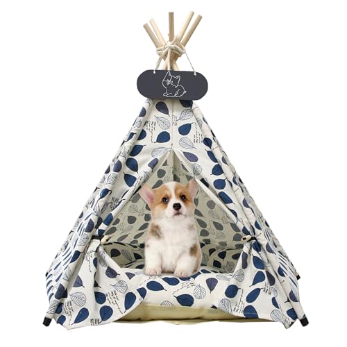 Whiwhi Tipi Zelt für Haustiere Katzenzelt aus Baumwollleinen Hundezelt Abnehmbar und Waschbar Haustier Zelte Häuser mit Kissen Haustierzelt Wegklappen Möbel 60x60x70cm von Whiwhi