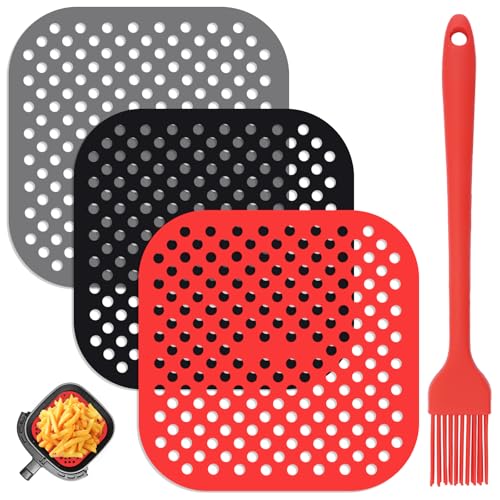 3 Stück Luftfritteuse Pad Antihaft-Silikon Heißluftfritteuse Pad 21 Cm Matten für Luftfritteuse Quadrat Wiederverwendbare Luftfritteuse Liner mit Silikonbürsten, Airfryer Einlagen für Luftfritteuse von WhizNook