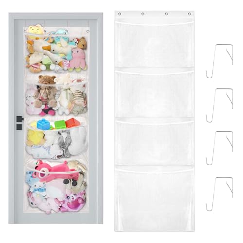 WhizNook Kuscheltier Aufbewahrung Tür, Hängeorganizer mit 4 Taschen, Aufbewahrung Kuscheltiere, Kuscheltier Organizer, Kuscheltier über der Tür Hängend Organizer, für Kinderzimmer, Schlafzimmer von WhizNook