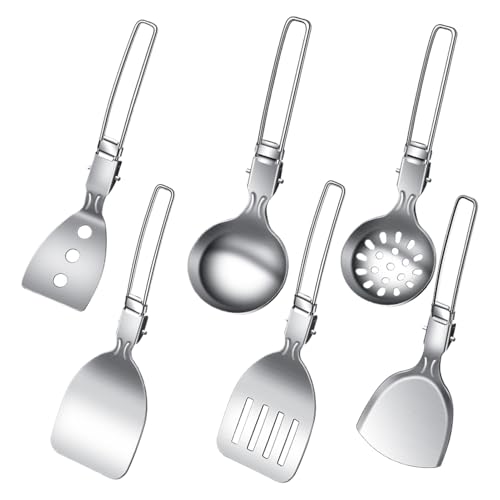 Camping-Besteck-Set - Rostfreier Löffel, Klappgabel | 6-teilig mit klappbarem Spatel, Kochutensilien, Camping-Küchenutensilien, weibliches Set mit Tragetasche für Mahlzeiten von Whnbuij