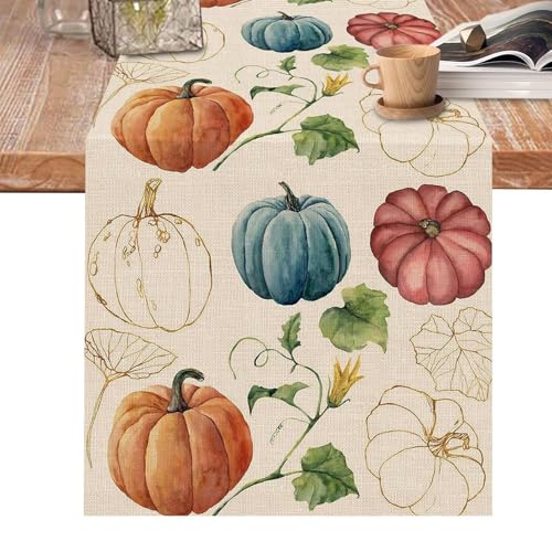 Tischläufer für Herbst – Tischläufer für die Herbsternte | Kürbisse Herbst Ahornblätter Tischläufer Herbst Tischdeko 13 x 108 Zoll Herbst-Tischläufer von Whnbuij