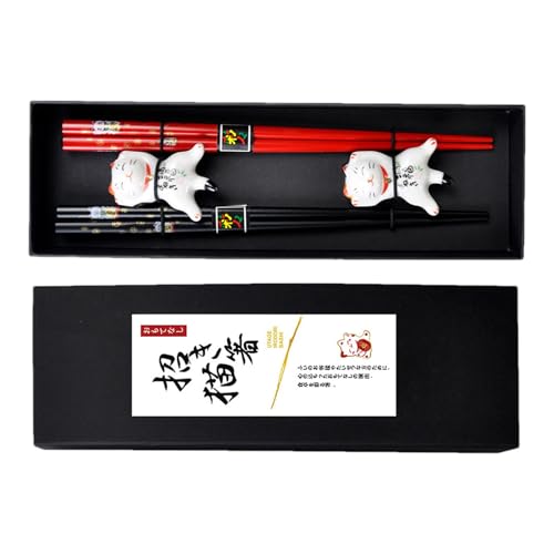 Whnbuij Fancy Essstäbchen | Cartoon Katze Essstäbchen Halter Keramik | 24.0 cm Anti-Rutsch Essstäbchen Set 2 Paar mit Etui für japanisches, chinesisches und vietnamesisches Essen von Whnbuij