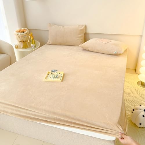 200x220cm Spannbettlaken Samt, Bettlaken Boxspringbett Winter Einfarbig Hell Khaki Spannleintuch Matratzenhöhe 5-25cm von Whoiy